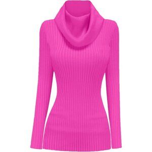 Women’s Hot Pink Cowl Neck Knit Long Sleeve Stretchable Bodycon Sexy Sweater